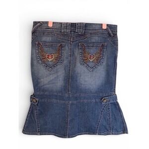 Vintage Y2K Candies Denim Embroidered Floral Jean Skirt Size 7 Flare Midi Boho